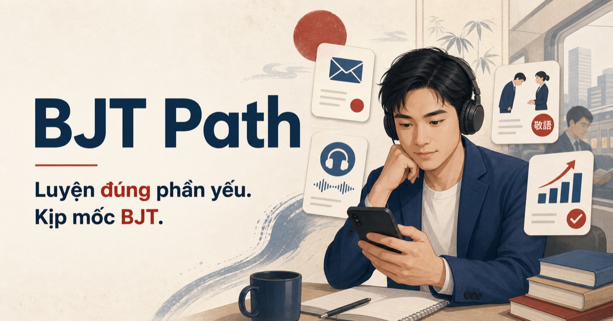Người học dùng điện thoại và tai nghe để luyện tiếng Nhật công sở